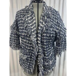 St. John Coture Navy Boucle Fringe Jacket USA Quiet Luxury Power Dress Size L